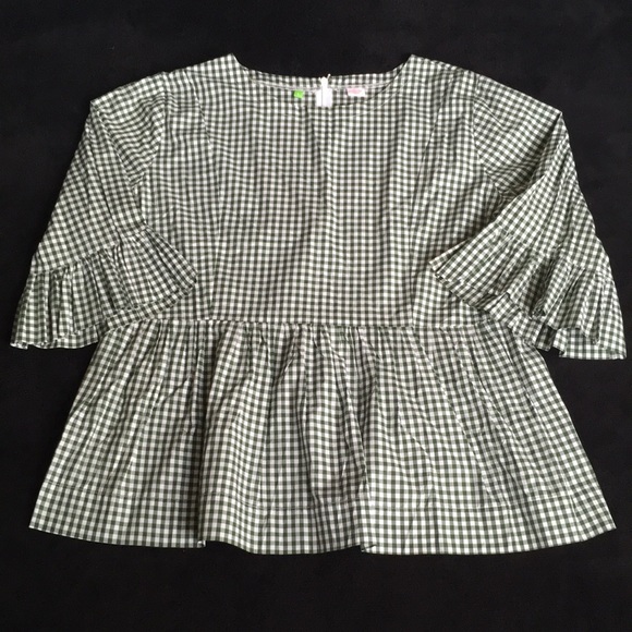 unknown Tops - Green and White Plaid Checkered Smock Shirt